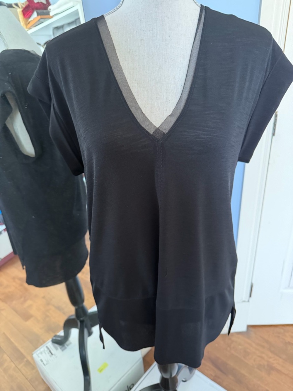 Zara Black V-Neck Short Sleeve Top with Mesh Trim